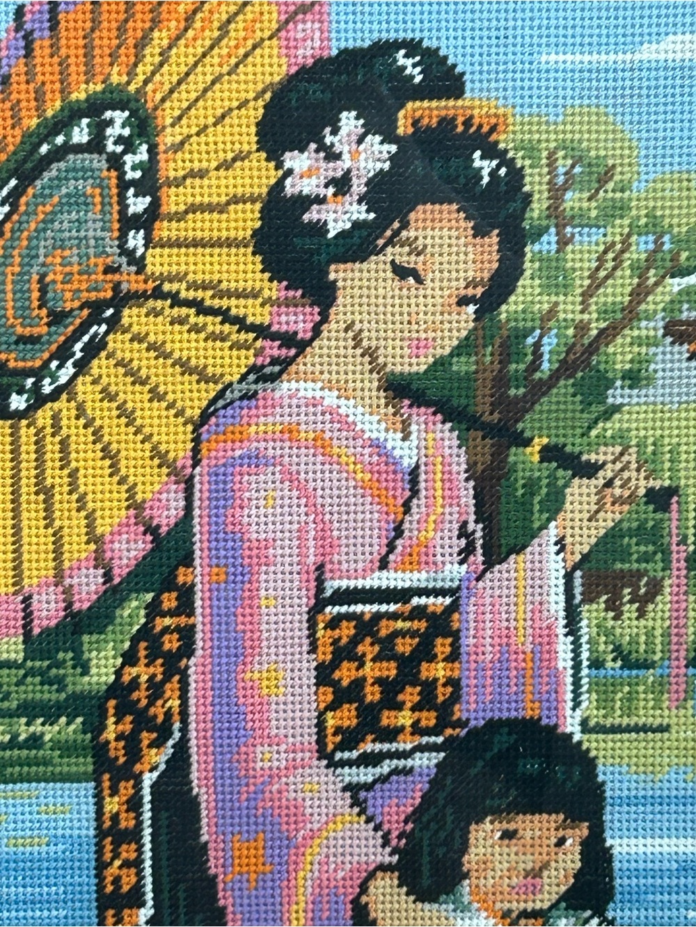 Vintage Framed Japanese Geisha Needlewor – Large Handmade Decor - Picture 2 of 12